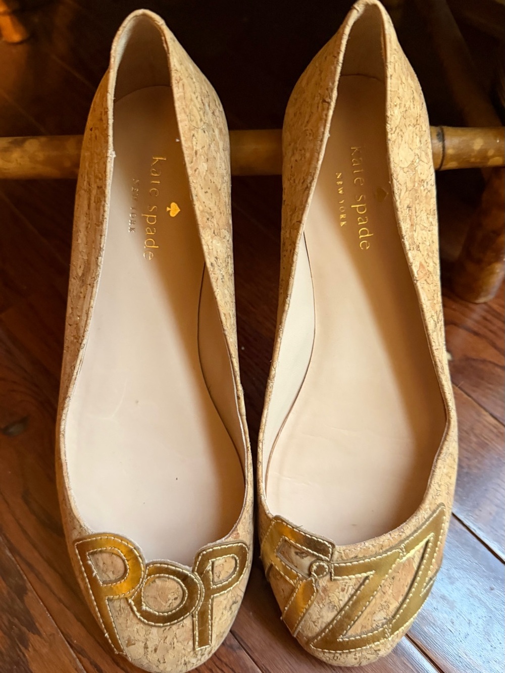 Kate Spade Cork Ballet Flats Metallic Gold Graphic Pop Fizz Statement Size 7